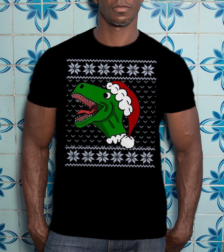 T Rex Christmas Ugly Sweater Santa Hat T-Shirt