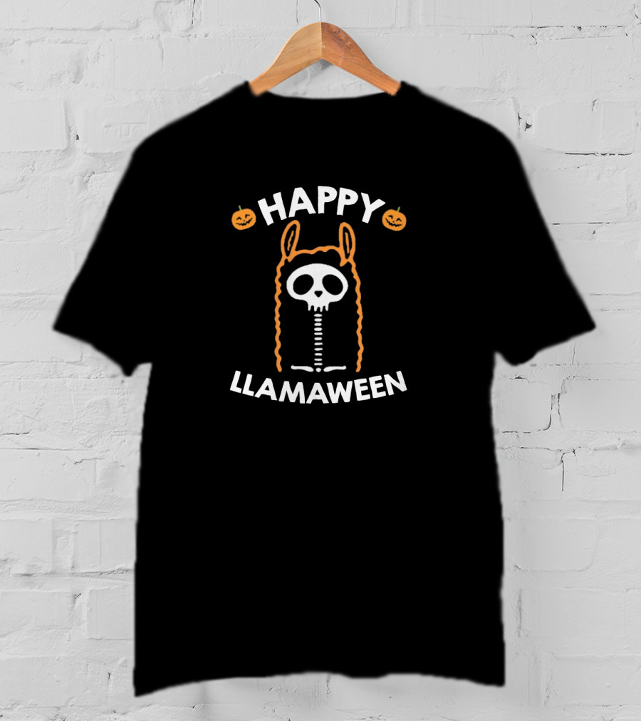 Happy Llamaween Funny Llama Skeleton With Pumpkins T-Shirt