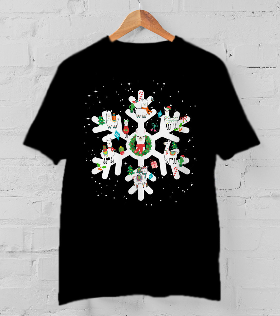 Llamas With Christmas Decorations On Large Snowflake T-Shirt