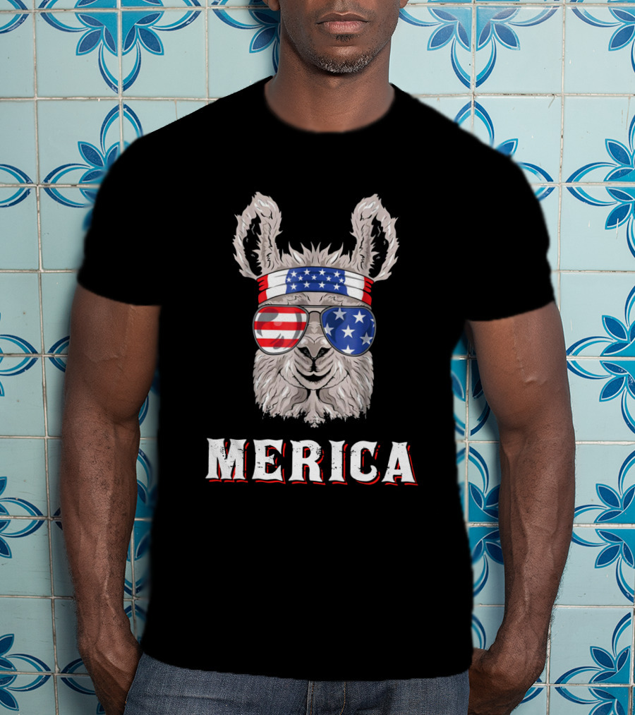 Llamerica Merica American Llama In Stars And Stripes Bandana And Sunglasses T-Shirt