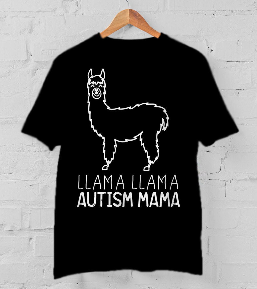 Llama Llama Autism Mama White Outline T-Shirt