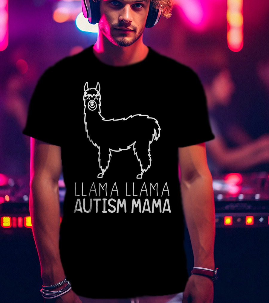 Llama Llama Autism Mama White Outline T-Shirt