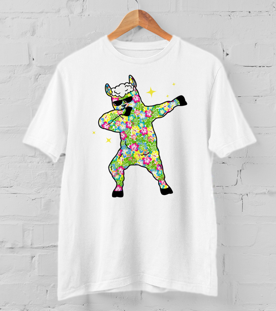 Llama Dabbing Tropical Floral Pattern With Sunglasses And Stars T-Shirt
