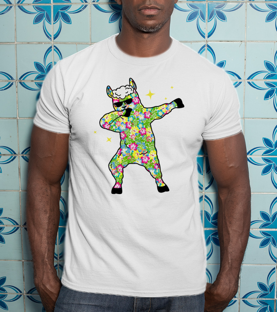 Llama Dabbing Tropical Floral Pattern With Sunglasses And Stars T-Shirt