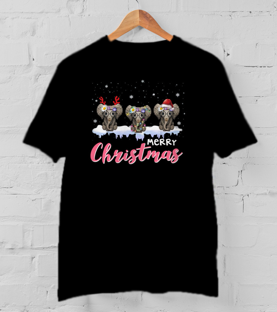 Merry Christmas Elephants In Festive Hats With Snowflakes And Ice T-Shirt