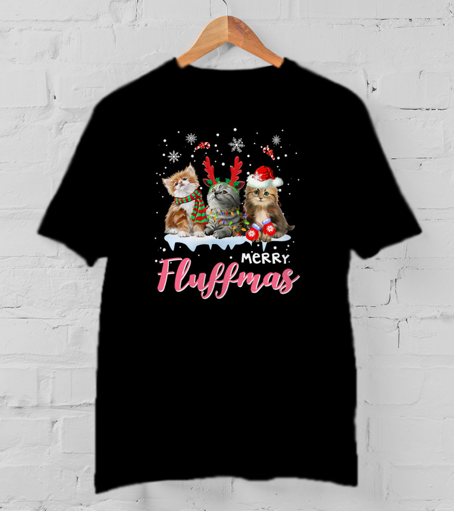 Merry Fluffmas Cute Festive Cats With Snowflakes And Candy Canes T-Shirt