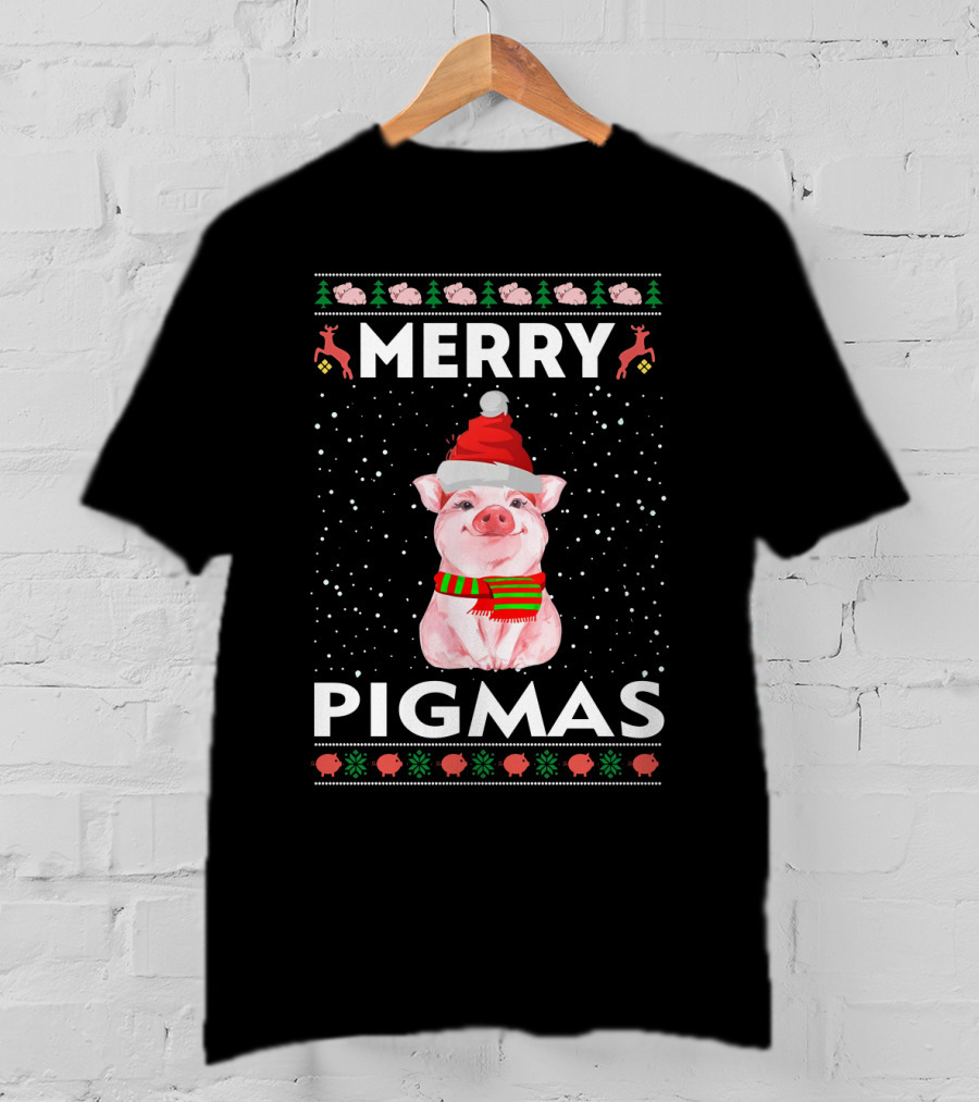 Merry Pigmas Christmas Pig Festive Holiday Santa Hat Scarf Snowflakes Icons T-Shirt