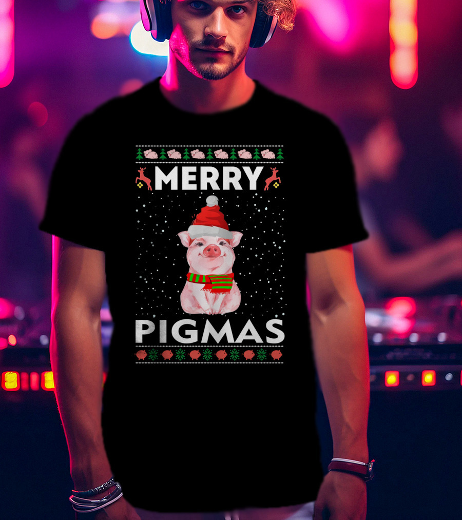 Merry Pigmas Christmas Pig Festive Holiday Santa Hat Scarf Snowflakes Icons T-Shirt