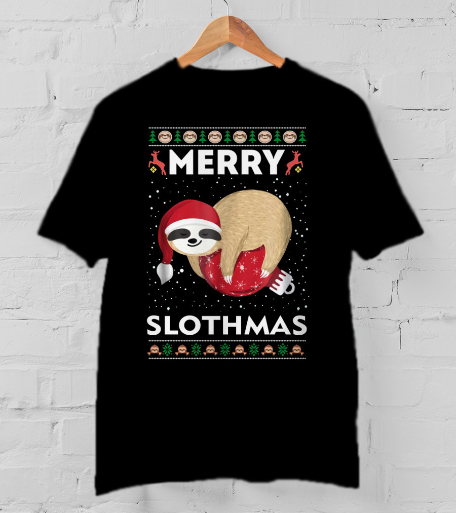 Merry Slothmas Ugly Christmas Sweater Sloth Holiday Festive Santa Hat T-Shirt