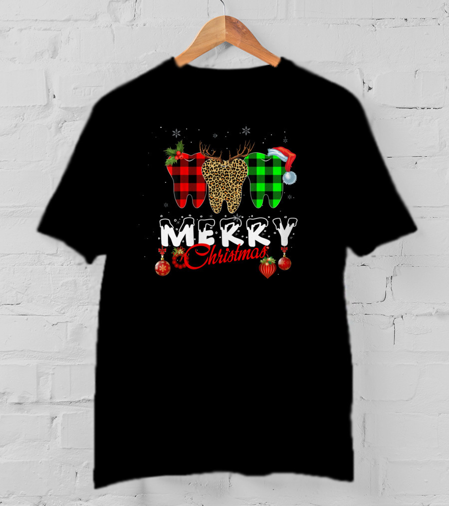 Merry Christmas Dentist Teeth Pattern Santa Hat T-Shirt