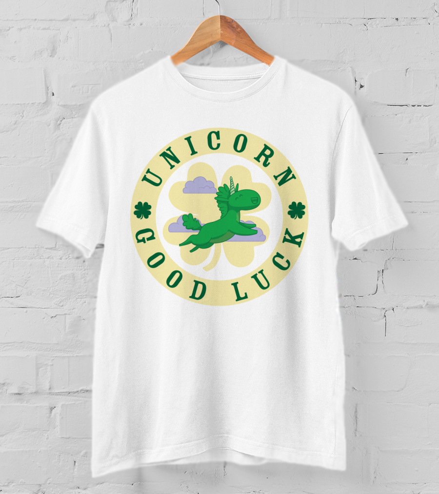 Unicorn Good Luck Clover Clouds Green Flying T-Shirt