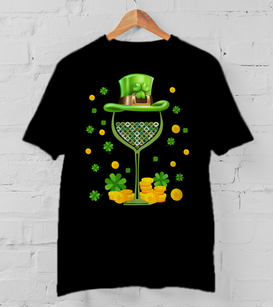 Patrick's Day Wine Glasses Leprechaun Hat Clover Coins T-Shirt