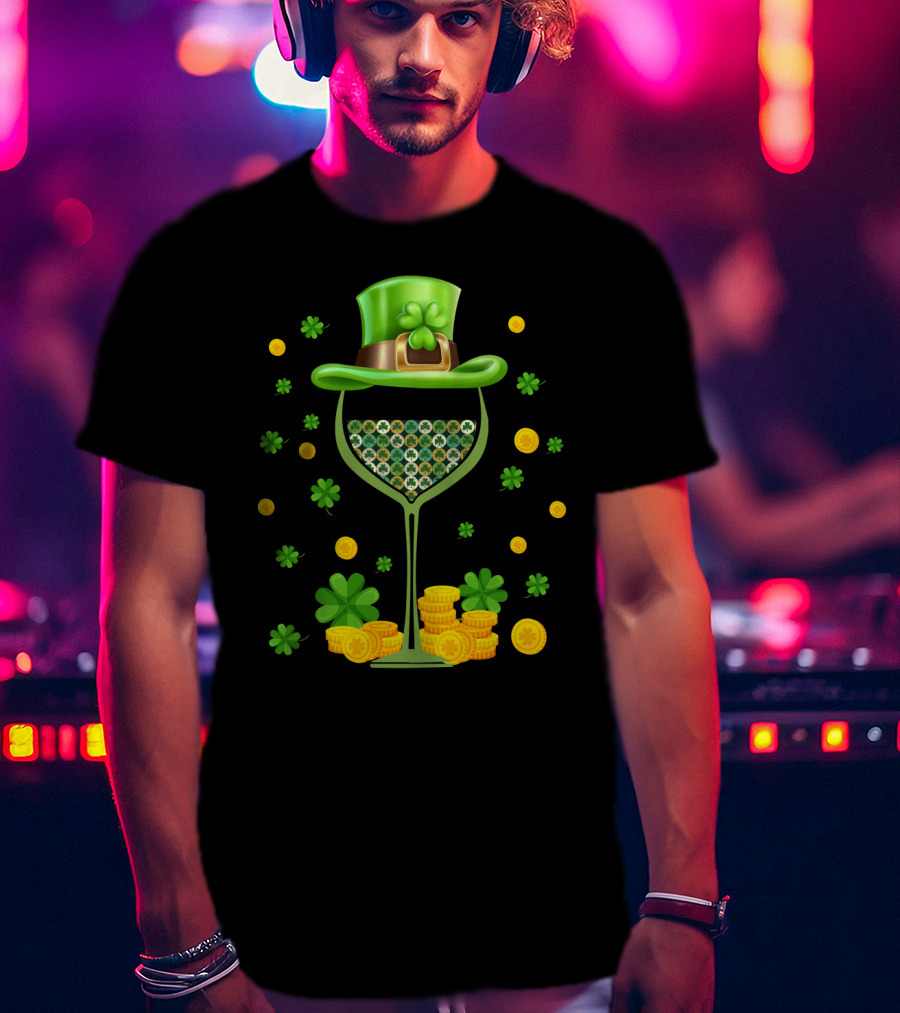 Patrick's Day Wine Glasses Leprechaun Hat Clover Coins T-Shirt