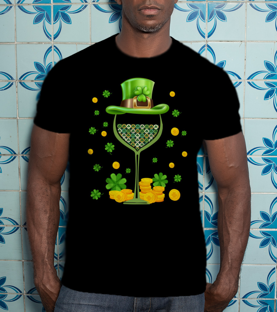 Patrick's Day Wine Glasses Leprechaun Hat Clover Coins T-Shirt