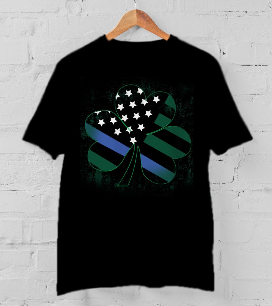 St Patrick's Day American Flag Shamrock Blue Line T-Shirt