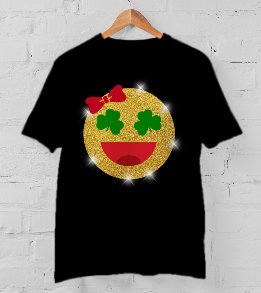 St Patrick's Day Glitter Shamrock Emoji Bow Smiley T-Shirt