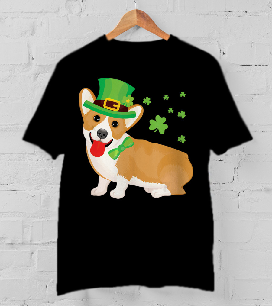 Corgi St Patrick's Day Lucky Shamrocks And Green Leprechaun Hat T-Shirt