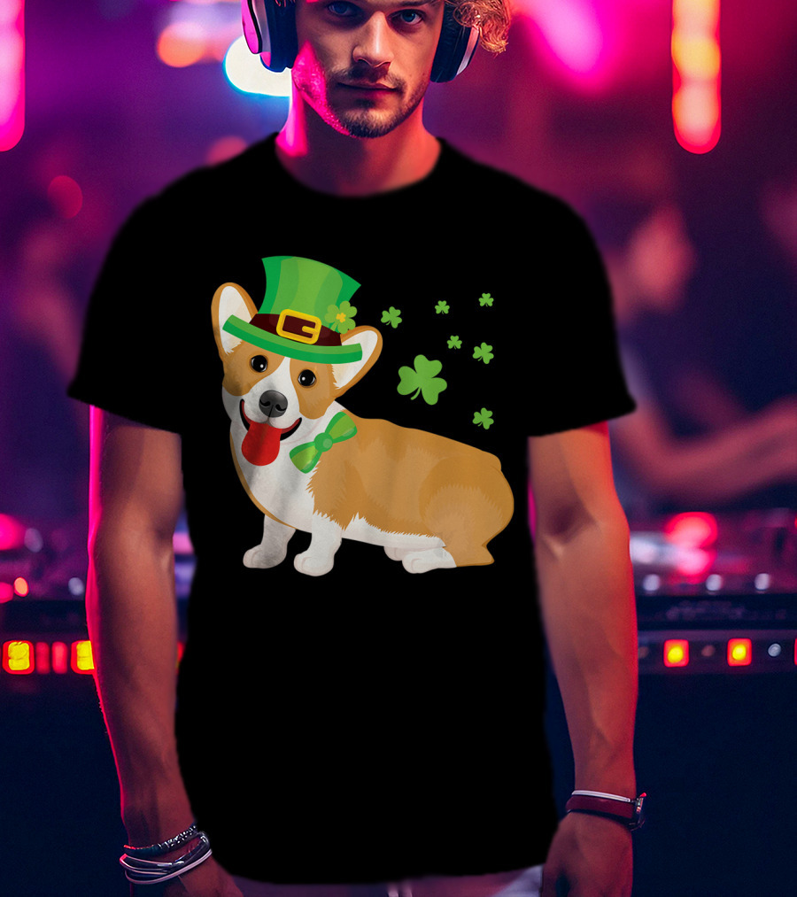 Corgi St Patrick's Day Lucky Shamrocks And Green Leprechaun Hat T-Shirt
