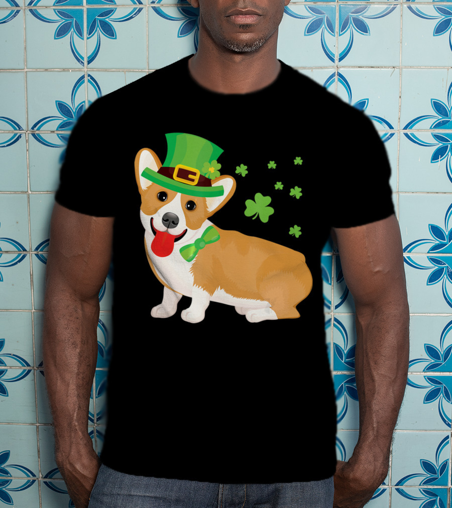 Corgi St Patrick's Day Lucky Shamrocks And Green Leprechaun Hat T-Shirt