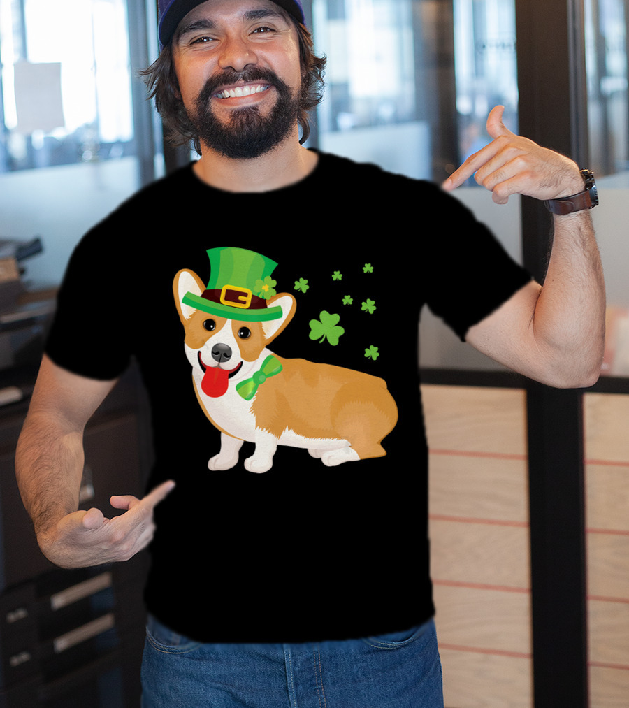 Corgi St Patrick's Day Lucky Shamrocks And Green Leprechaun Hat T-Shirt