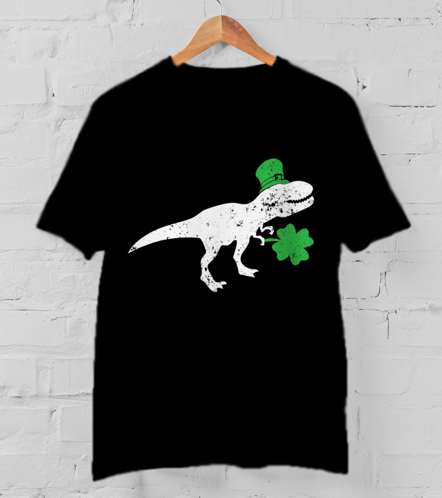 T-Rex Dinosaur With Leprechaun Hat And Shamrock For St Patricks Day T-Shirt