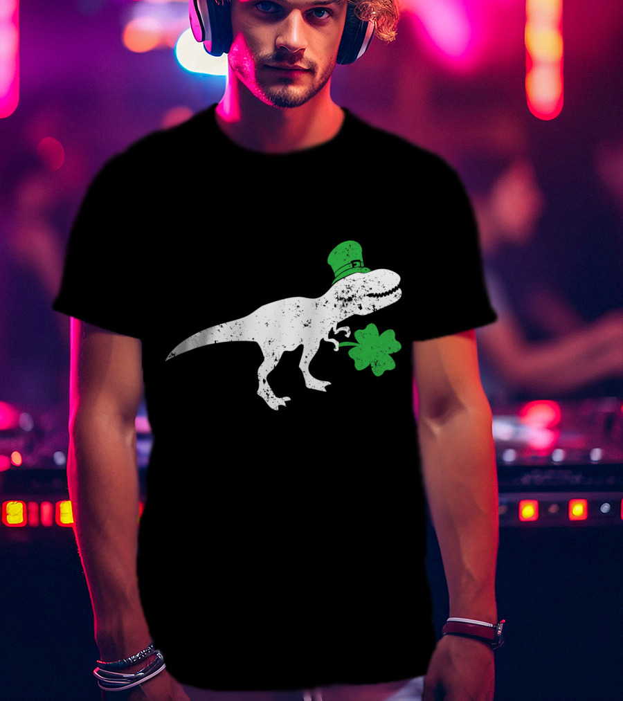 T-Rex Dinosaur With Leprechaun Hat And Shamrock For St Patricks Day T-Shirt