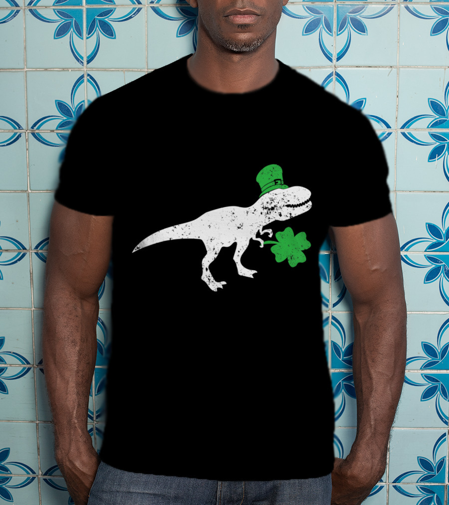 T-Rex Dinosaur With Leprechaun Hat And Shamrock For St Patricks Day T-Shirt