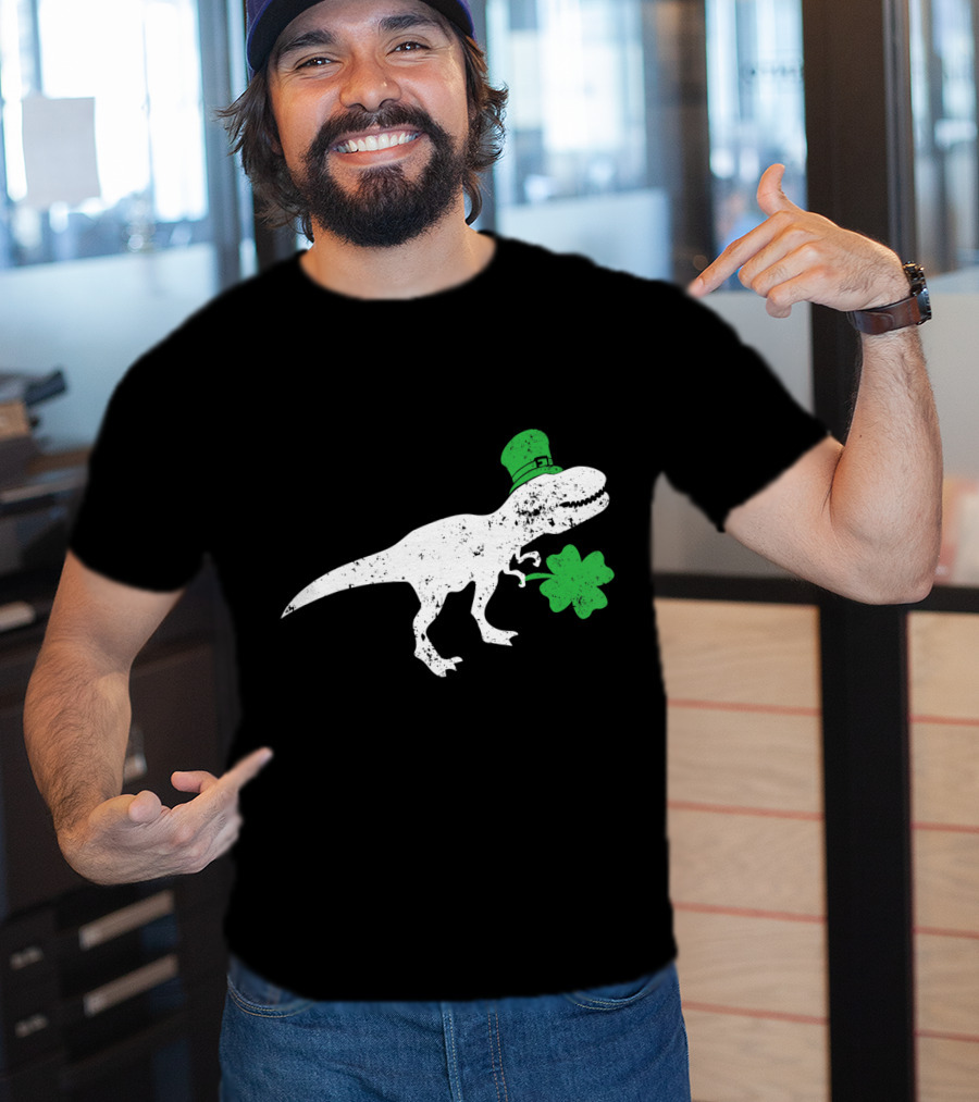 T-Rex Dinosaur With Leprechaun Hat And Shamrock For St Patricks Day T-Shirt