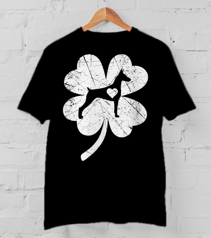 Doberman Silhouette Heart Shamrock Clover St Patricks Day Irish T-Shirt