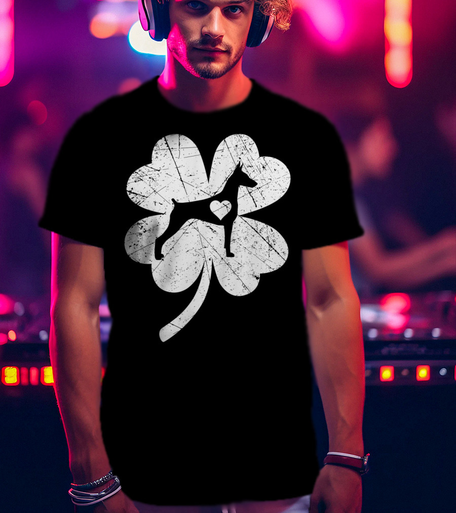 Doberman Silhouette Heart Shamrock Clover St Patricks Day Irish T-Shirt