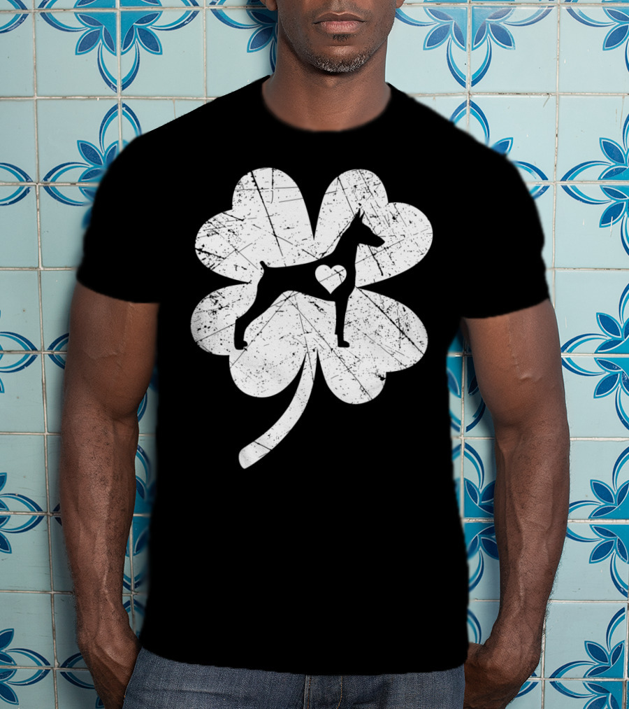 Doberman Silhouette Heart Shamrock Clover St Patricks Day Irish T-Shirt