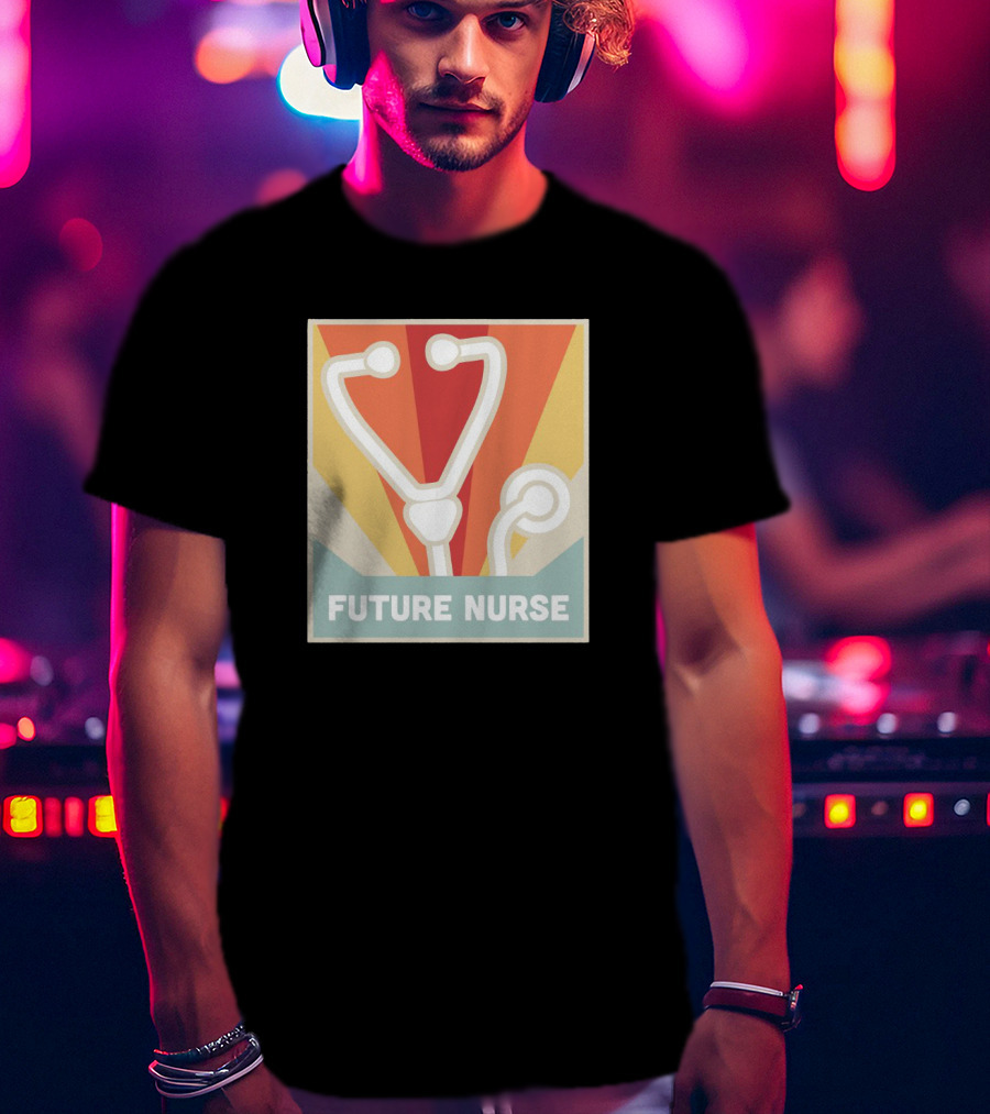 Retro Style Future Nurse Stethoscope Icon With Sunburst Background T-Shirt