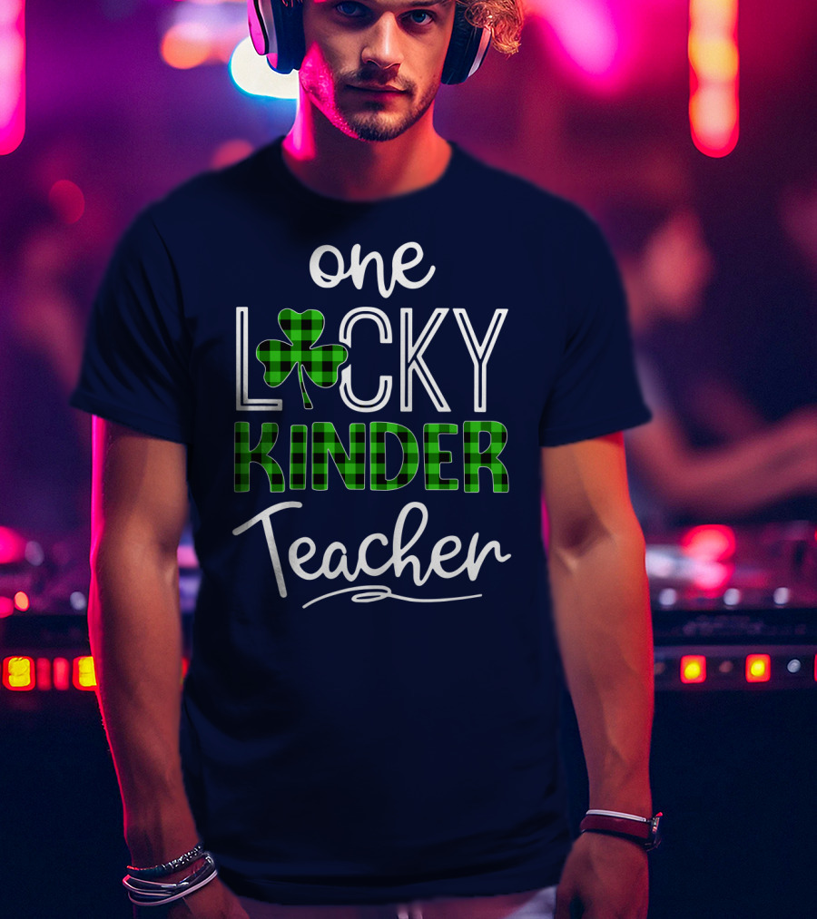 One Lucky Kinder Teacher Shamrock Plaid T-Shirt