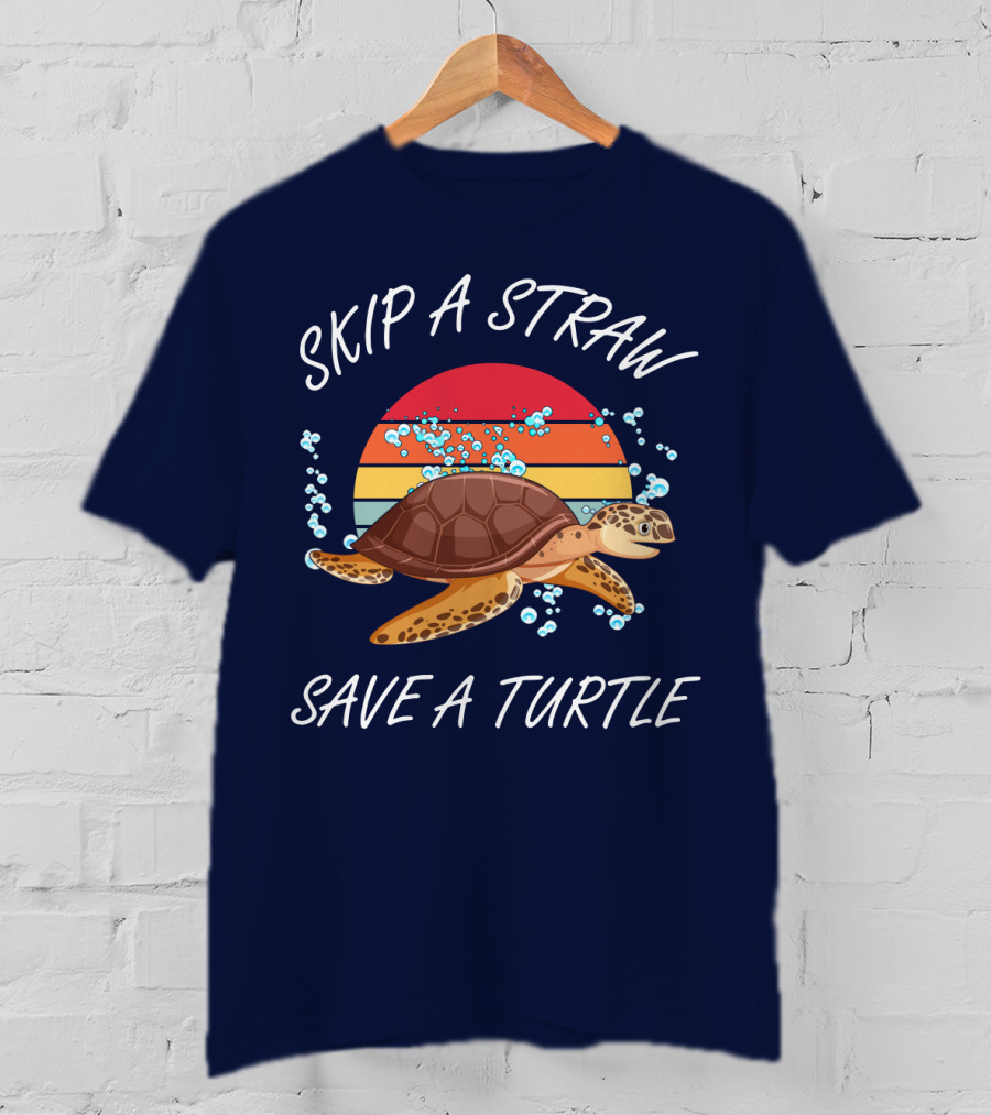 Skip A Straw Save A Turtle Retro Sunset Ocean T-Shirt