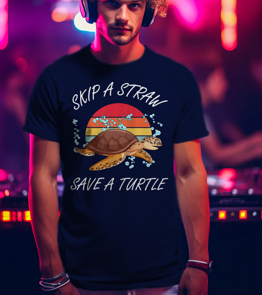 Skip A Straw Save A Turtle Retro Sunset Ocean T-Shirt