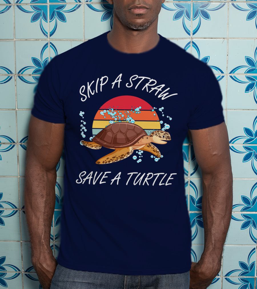 Skip A Straw Save A Turtle Retro Sunset Ocean T-Shirt