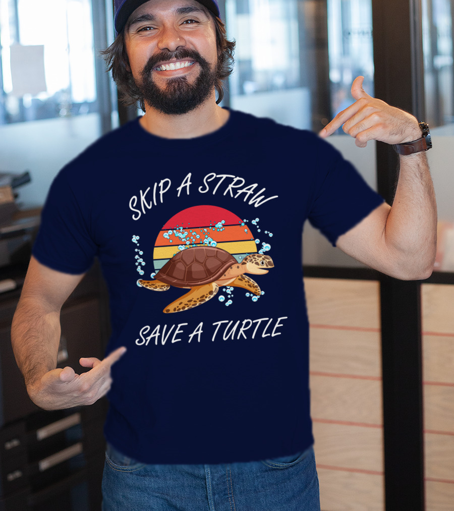 Skip A Straw Save A Turtle Retro Sunset Ocean T-Shirt