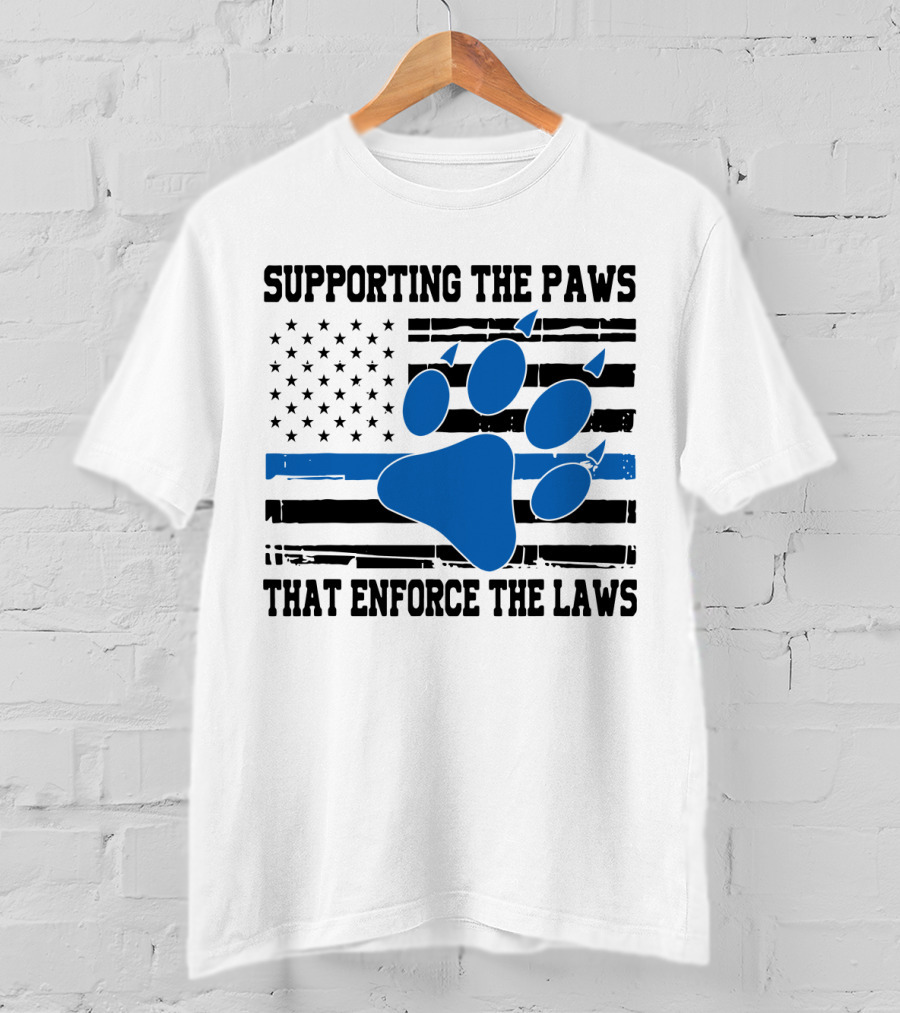 Supporting The Paws That Enforce The Laws American Flag Blue Paw Prints T-Shirt