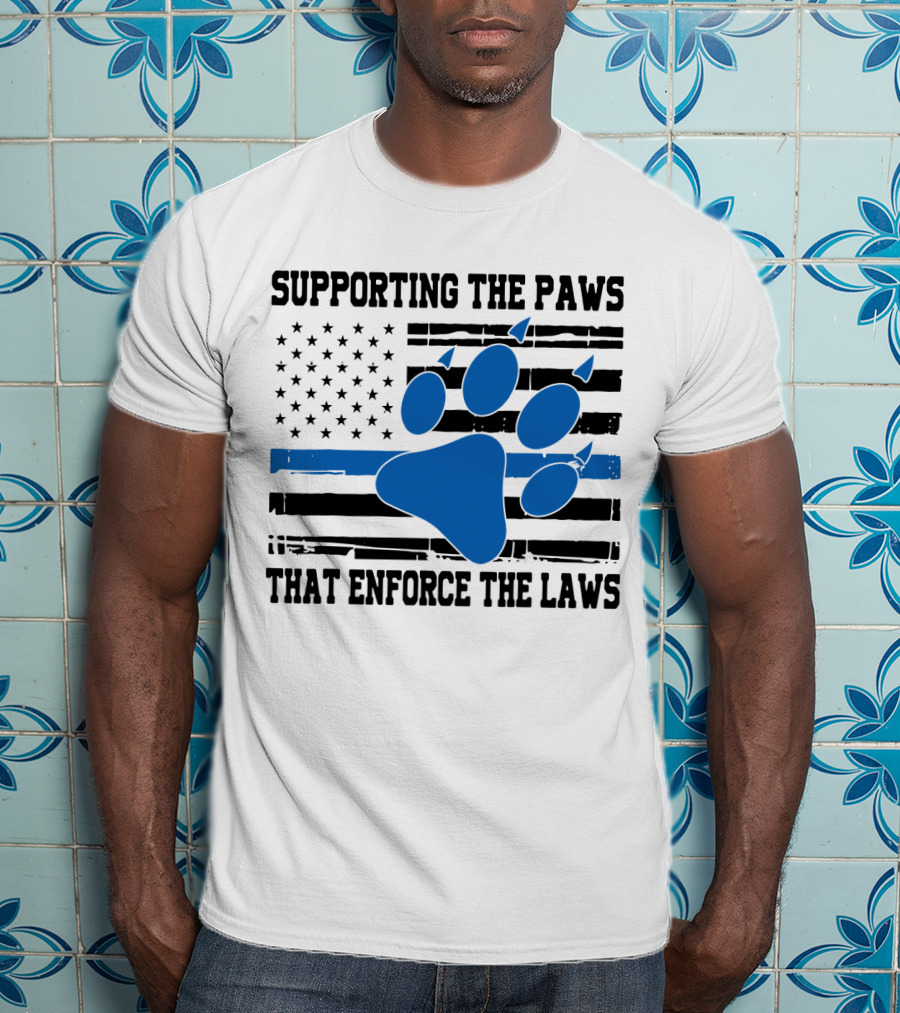 Supporting The Paws That Enforce The Laws American Flag Blue Paw Prints T-Shirt