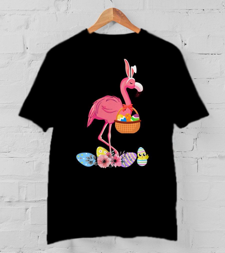 Flamingo With Easter Basket And Colorful Eggs T-Shirt