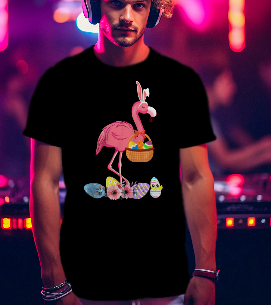 Flamingo With Easter Basket And Colorful Eggs T-Shirt