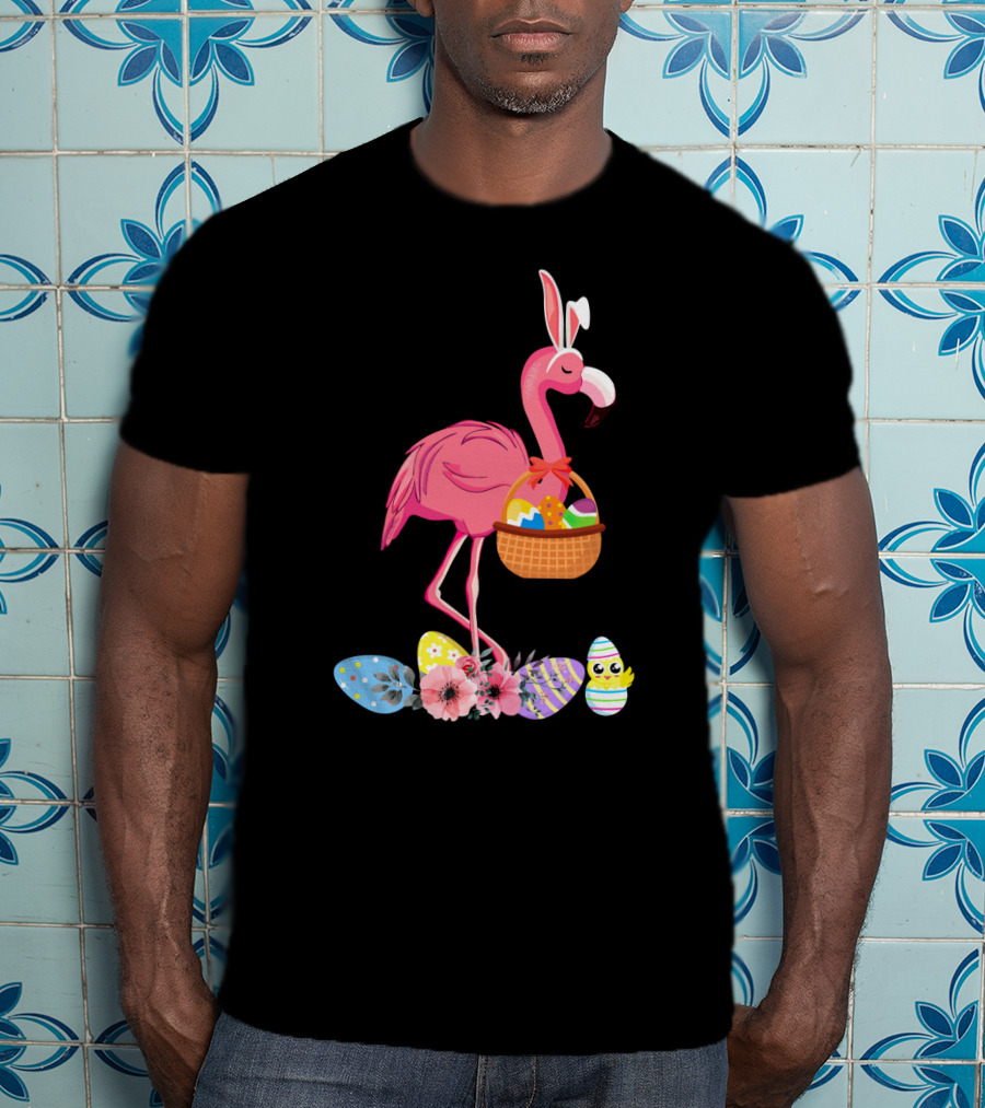 Flamingo With Easter Basket And Colorful Eggs T-Shirt