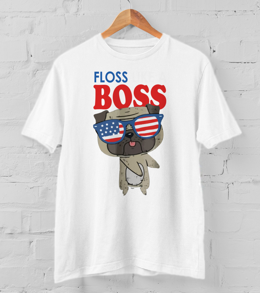 Floss Like A Boss Bulldog With American Flag Sunglasses T-Shirt