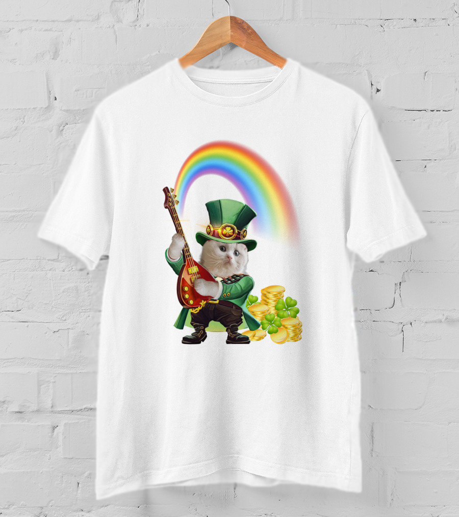 Cat Playing Guitar In Leprechaun Outfit With Rainbow And Gold Coins T-Shirt