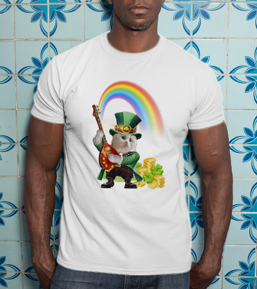 Cat Playing Guitar In Leprechaun Outfit With Rainbow And Gold Coins T-Shirt