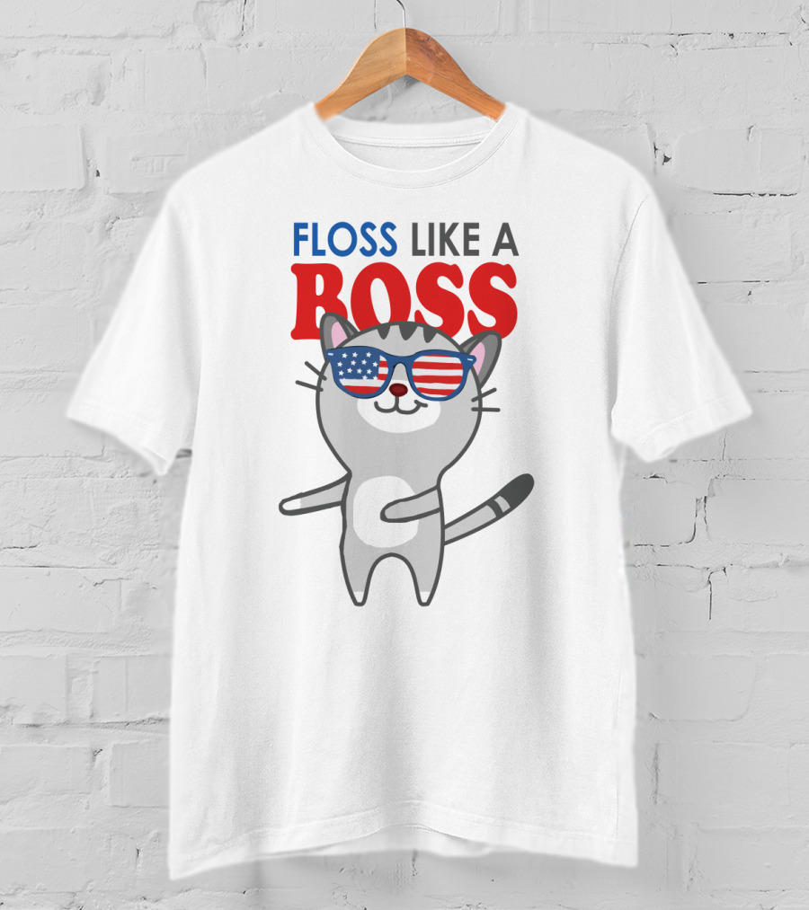 Floss Like A Boss Cat With American Flag Sunglasses T-Shirt