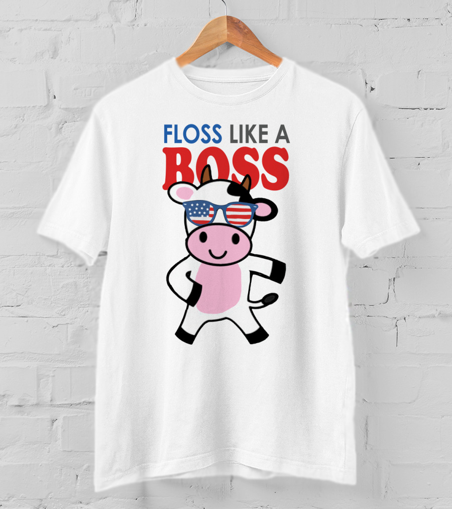Floss Like A Boss Cow With American Flag Sunglasses T-Shirt