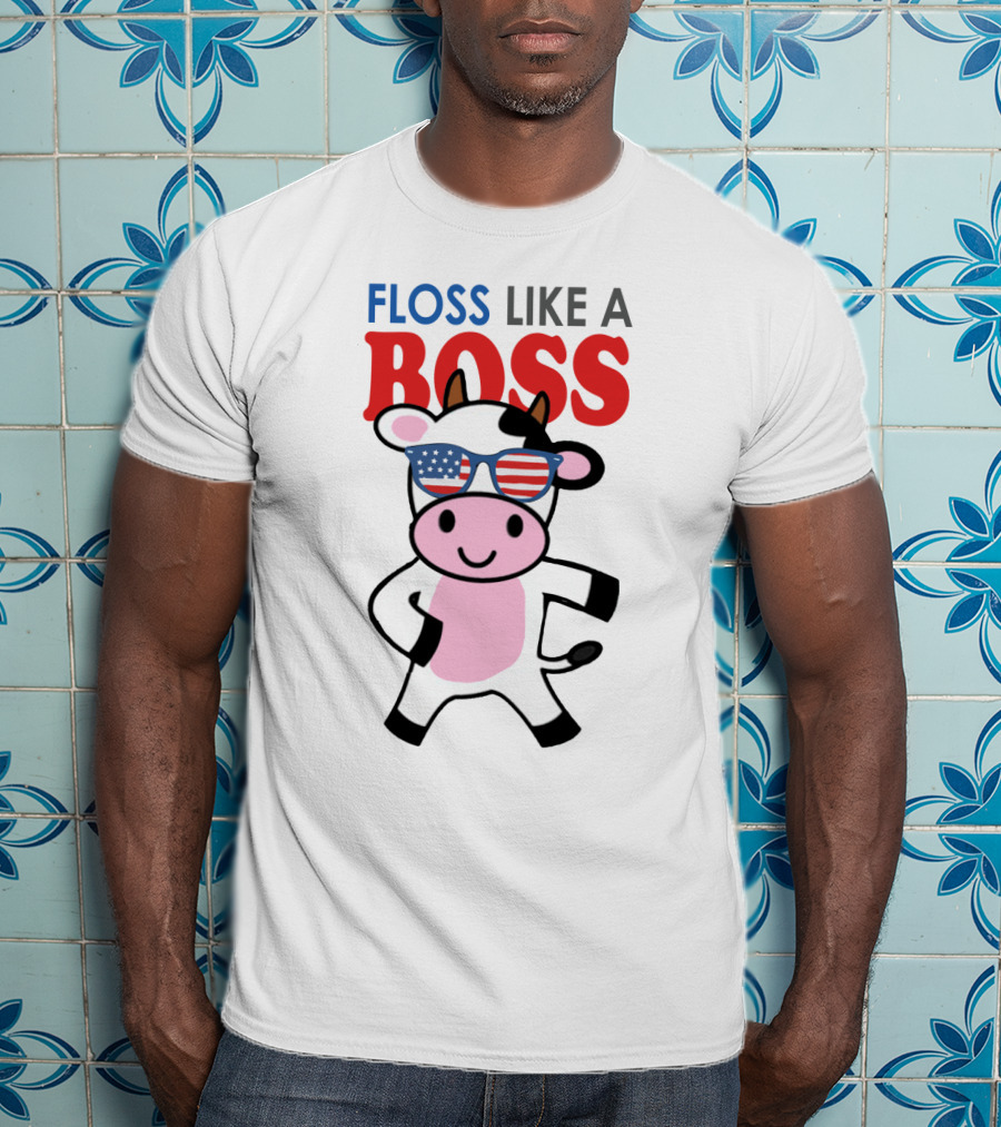 Floss Like A Boss Cow With American Flag Sunglasses T-Shirt