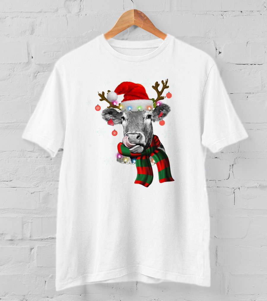 Cows Reindeer Santa Claus Christmas Lights Scarf Antlers Snowflakes Ornaments T-Shirt