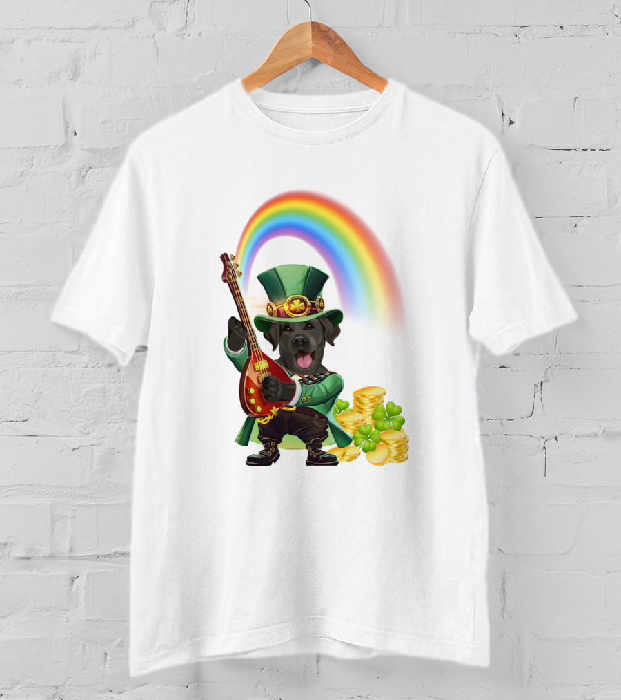 Dog Rocking Irish Luck Rainbow Guitar T-Shirt